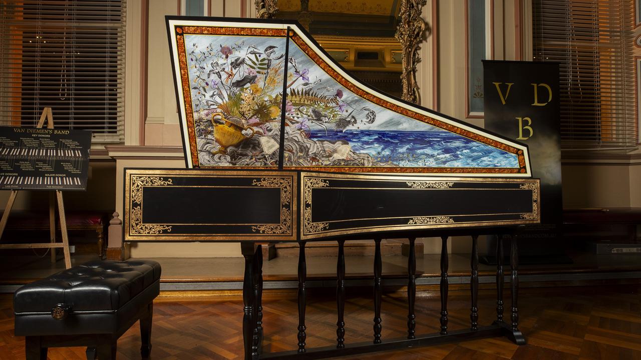 Van Diemen's Band's brand-new harpsichord was handcrafted in Spain, but given a spectacular Tasmanian makeover, with designs celebrating Tasmanian flora by local artist Deborah Wace. (Supplied: Richard Jupe)