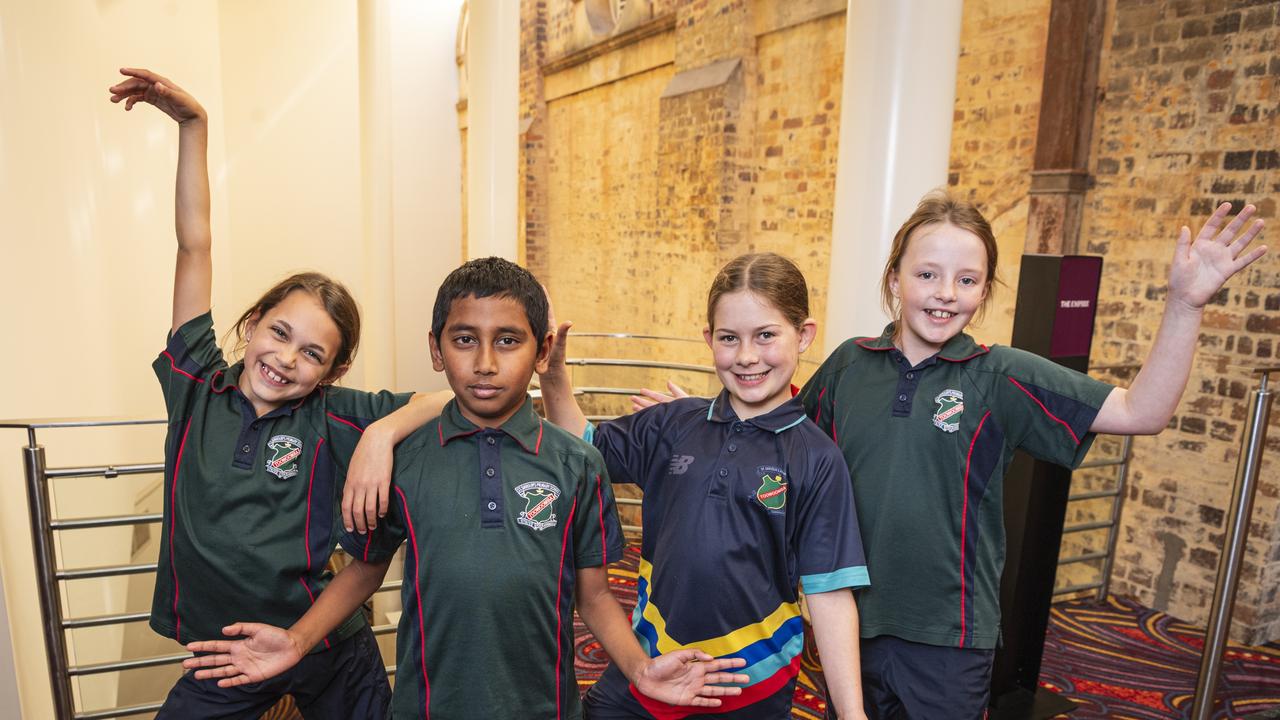 St Saviour's Primary School students (from left) Kaiya Jeffrey, Jaishan Francis, Maya Adams and Madeline Franklin on day three of Sing Out 2024 at The Empire, Thursday, June 6, 2024. Picture: Kevin Farmer