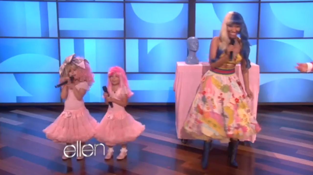 A young Sophia Grace and Rosie perform with Nicki Minaj on The Ellen Show.