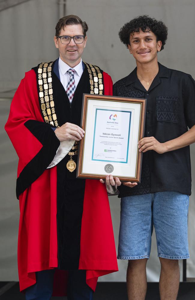 Toowoomba Mayor Geoff McDonald with Toowoomba Junior Sports Award recipient Iskcon Gyawali at the Toowoomba Australia Day celebrations at Picnic Point, Sunday, January 26, 2025. Picture: Kevin Farmer