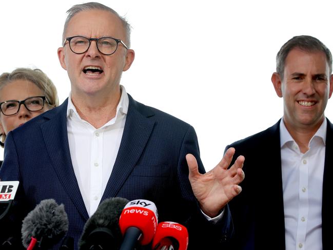 Labor leader Anthony Albanese at a press conference at Figtree Playground in Cairns, with treasury spokesperson Jim Chalmers and Labor candidate for Leichhardt, Elida Faith. Picture: Toby Zerna