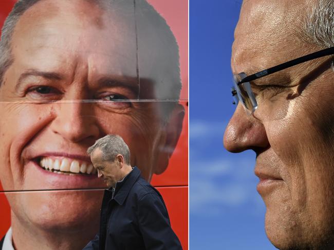 A composite image created on Monday, May 13, 2019, of; Australian Opposition Leader Bill Shorten walks past the campaign bus after handing out election material for local Labor candidate for Reid Sam Crosby at Rhodes train station in Sydney, Monday, May 13, 2019. A Federal election will be held in Australian on Saturday May 18, 2019. (AAP Image/Lukas Coch) NO ARCHIVING *** Prime Minister Scott Morrison at a housing construction site at Orchard Hills in Sydney, Monday, May 13, 2019. (AAP Image/Mick Tsikas) NO ARCHIVING