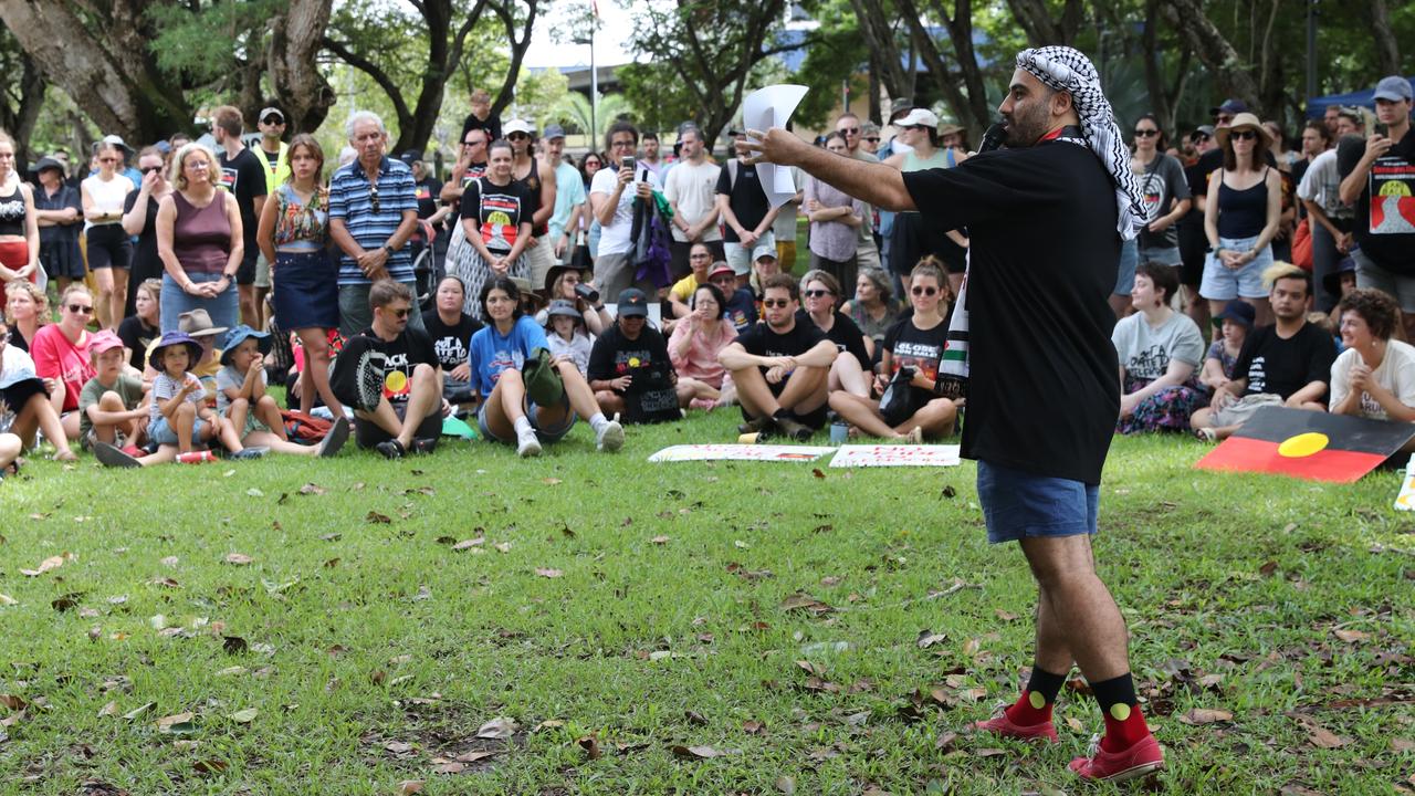 Doctor Sarmad Akkach spoke during the Top End Invasion Day protest at Civic Park on Friday, January 26. Picture: Zizi Averill