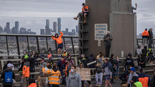 The protesters blocking Melbourne’s Westgate Bridge. Picture: Jason Edwards