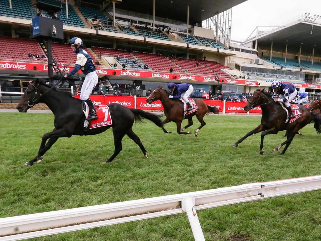 Sir Dragonet ridden by Glen Boss wins the Ladbrokes Cox Plate.