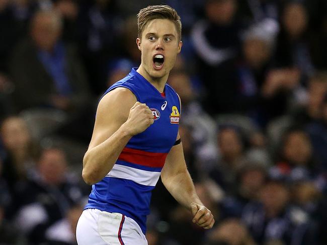 AFL Round 22. 19/08/2018.  Carlton v Western Bulldogs at Etihad Stadium .  Western Bulldogs Josh Schache celebrates his goal in the fourth quarter    . Pic: Michael Klein