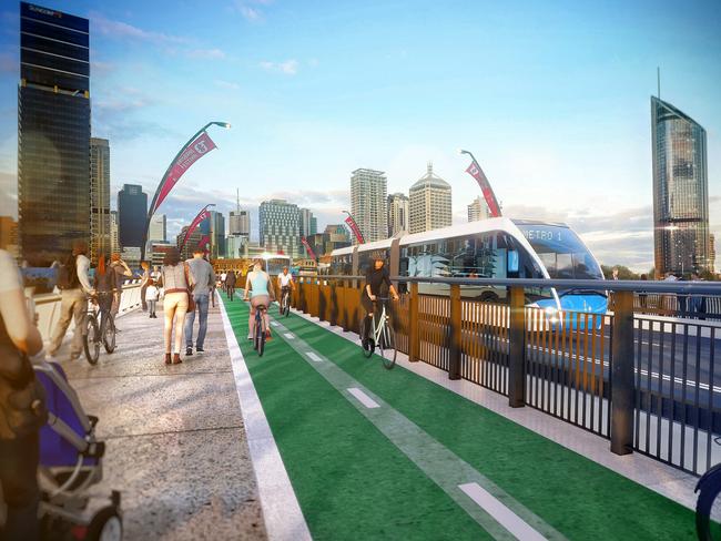 How Victoria Bridge will look, with three lanes for Metro vehicles, one for cyclists and a pedestrian walkway.