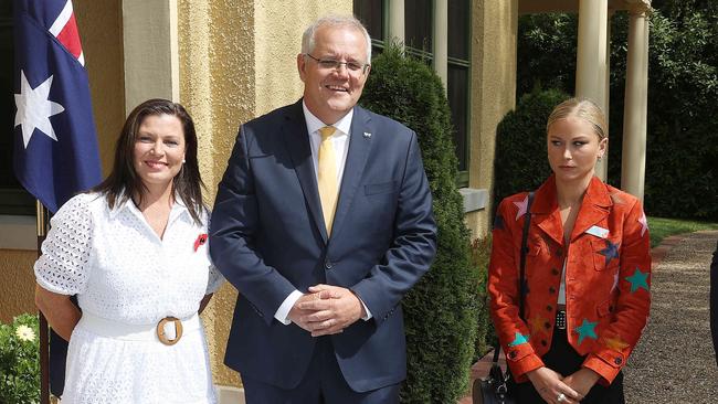 Prime Minister Scott Morrison and his wife Jenny with Grace Tame. Picture: NCA NewsWire / Gary Ramage