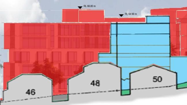 Graphic prepared by resident Darvan Sinnetamby showing a section of Richardson St West with Lane Cove Council's original development control plan in blue and later architectural plans submitted for approval in red.