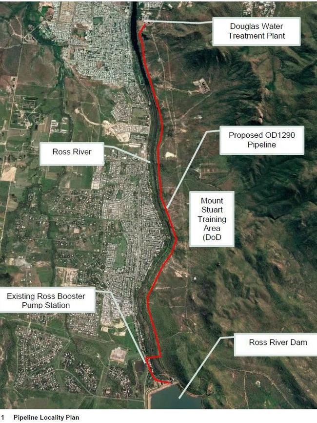 Map of the 9.5km Ross River Dam to Douglas Water Treatment Plant Pipeline project. Supplied: Townsville City Council.