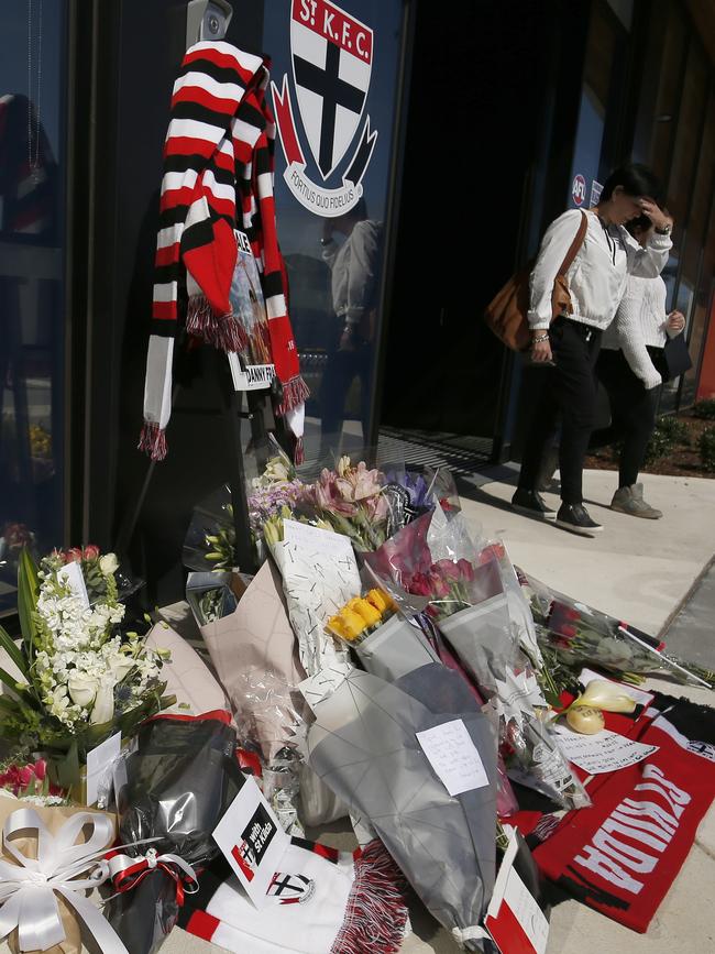 A shrine outside St Kilda’s Moorabbin HQ, where Frawley was a favourite son.