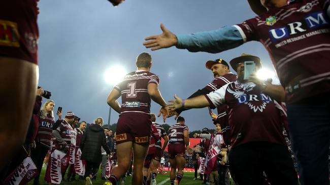 Manly's Tom Trbojevic runs out during NRL match between the Manly Sea Eagles and Melbourne Storm at Lottoland. Picture. Phil Hillyard