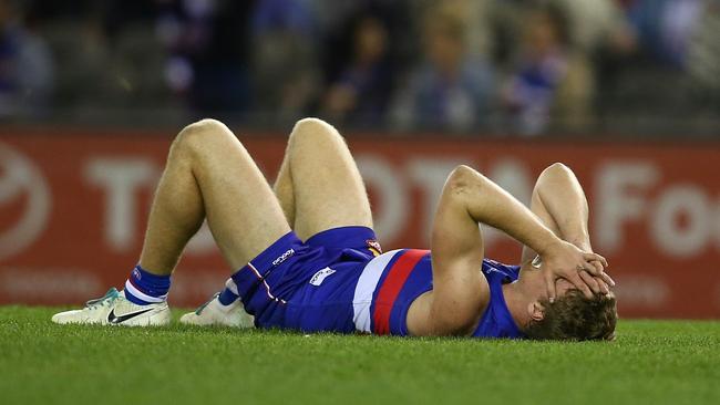 Western Bulldogs’ Jake Stringer on the final siren. Picture: Michael Klein