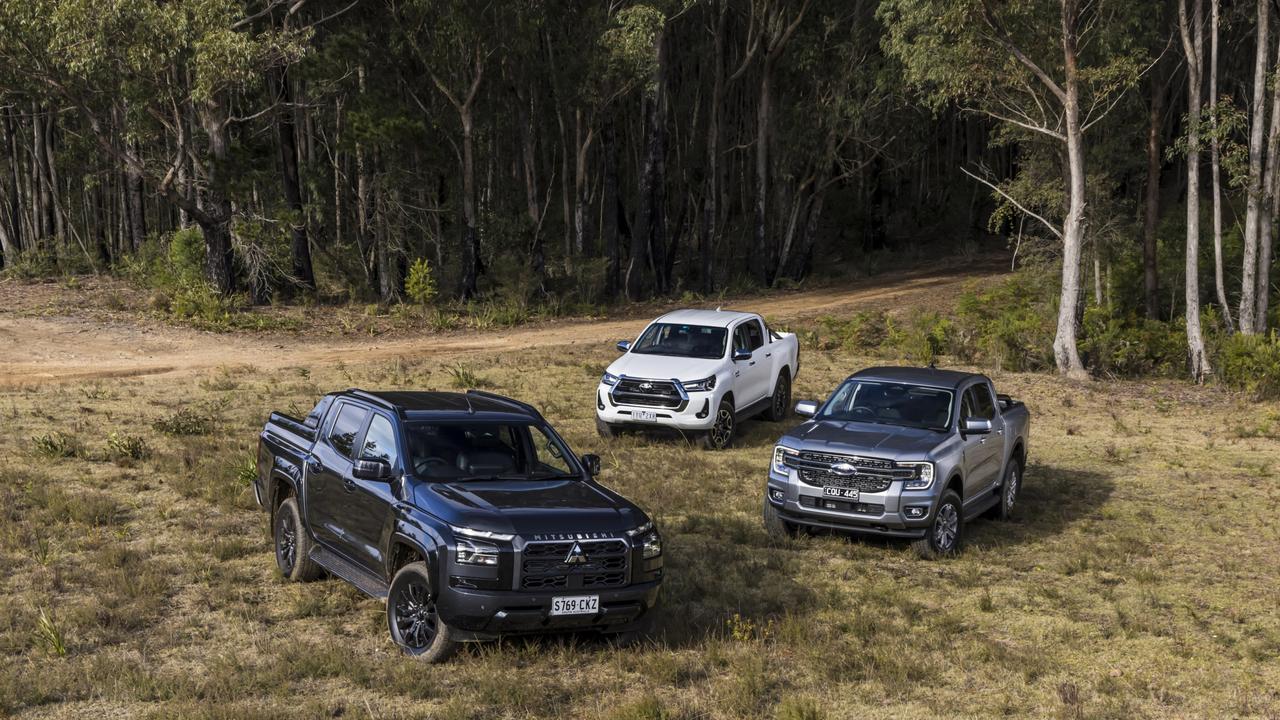 Mitsubishi Triton, Toyota HiLux and Ford Ranger utes. Photo: Mark Bean