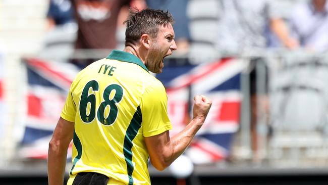 Andrew Tye of Australia celebrates dismissing Joe Buttler of England during the 5th One Day International series match at Optus Stadium, Perth. Picture: AAP Image/Richard Wainwright