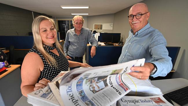 Advertising rep Caroline Vielle, journalist Arthur Gorrie and general manager Andrew Guiver in the offices of Gympie Today. Picture: Lyndon Mechielsen