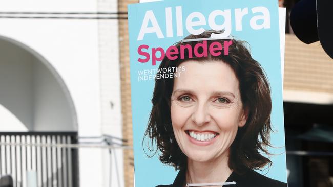 A posters for Climate 200 candidate Allegra Spender, who’s seeking to unseat Liberal Dave Sharma in Wentworth. Picture: Damian Shaw