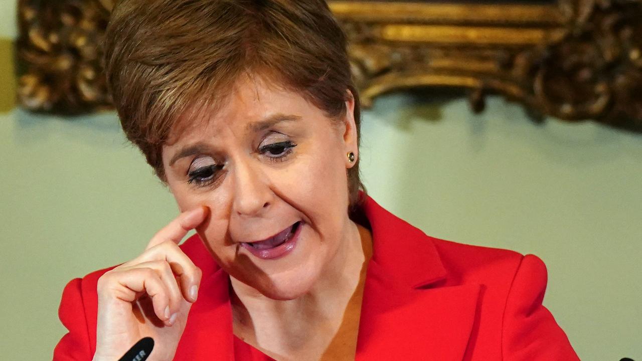Nicola Sturgeon shedding a tear while announcing she would resign as first minister. Picture: Jane Barlow/AFP