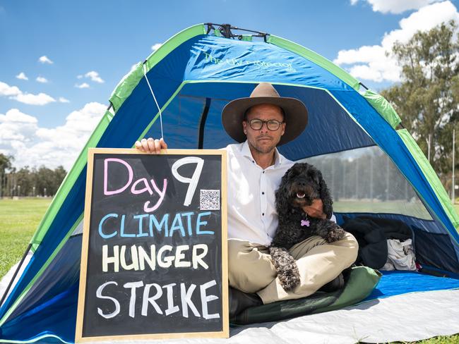 Canberra man Gregory Andrews staged a hunger strike in front of Parliament House over government support for fossil fuel projects until; he was hospitalised earlier this month. Picture: NCA NewsWire / Martin Ollman