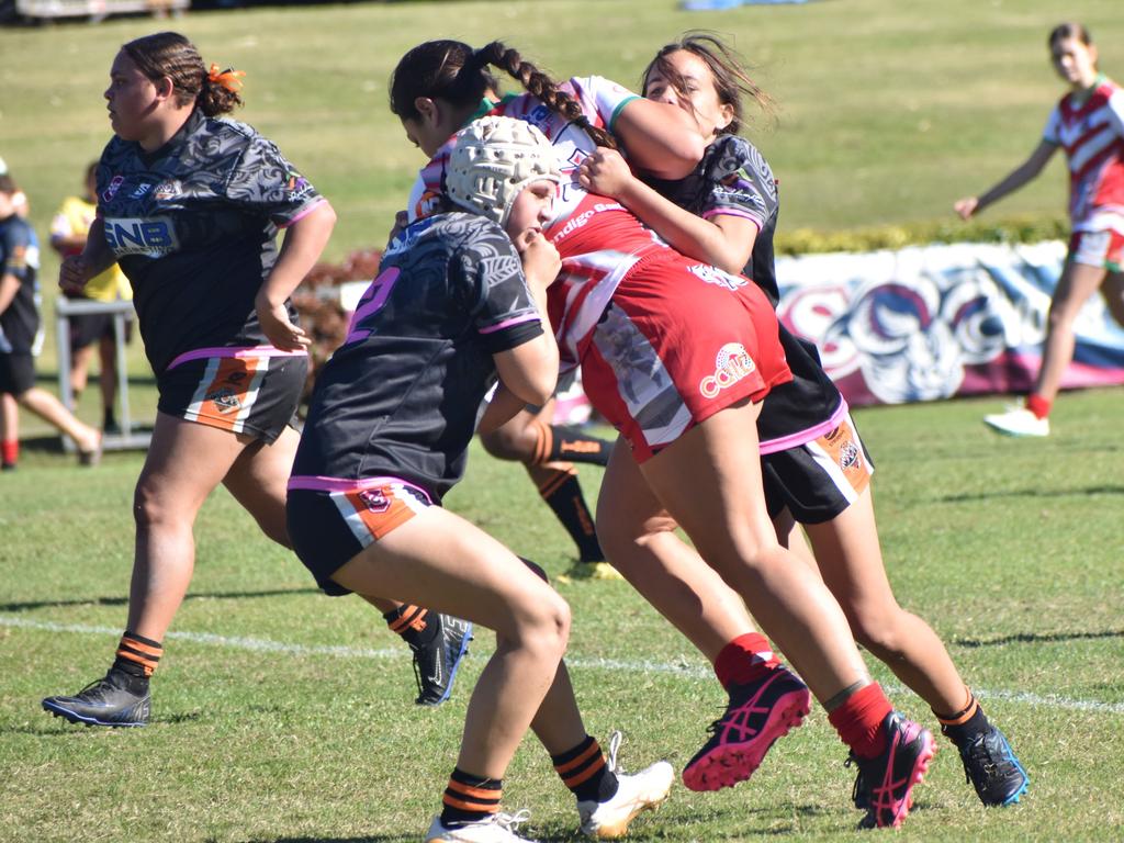 Rocky Junior League grand finals, under-14 girls, Emu Park versus Rockhampton Tigers, Rugby Park, on June 8, 2024.
