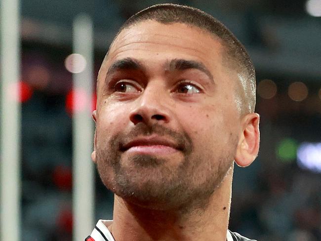 MELBOURNE, AUSTRALIA - JULY 07: Bradley Hill of the Saints celebrates the win during the round 17 AFL match between St Kilda Saints and Sydney Swans at Marvel Stadium, on July 07, 2024, in Melbourne, Australia. (Photo by Kelly Defina/Getty Images)