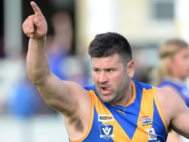 Cranbourne full-forward Marc Holt celebrates after kicking a goal in 2018. Picture: Chris Eastman