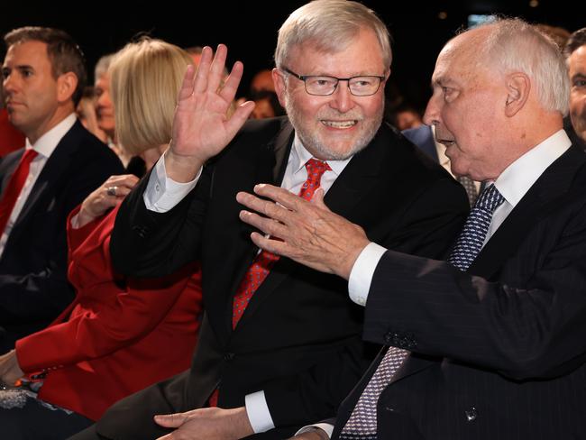 Former Labor Australian Prime Ministers Kevin Rudd and Paul Keating at the Labor campaign launch. Picture: Getty Images