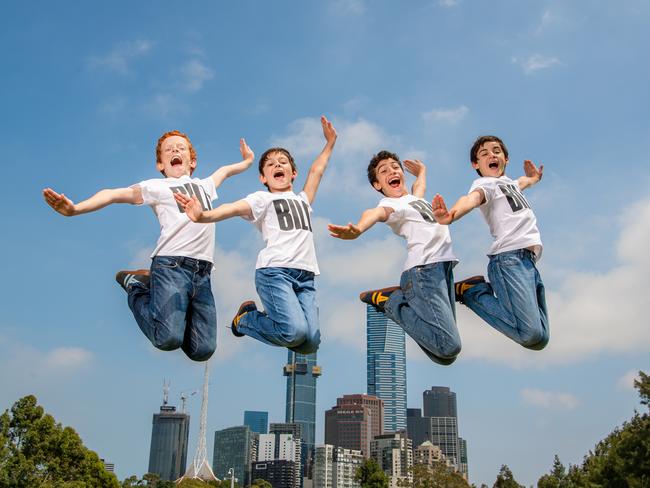 The four actors who play Billy Elliot — Jamie Rogers, River Mardesic, Omar Abiad and Wade Neilsen — soar over Melbourne. Go behind the scenes of the Herald Sun’s photoshoot in the video above. Picture: Jason Edwards