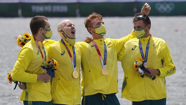 Alexander Hill, on right, with his teammates Alexander Purnell, Spencer Turrin and Jack Hargreaves. Picture: Alex Coppel