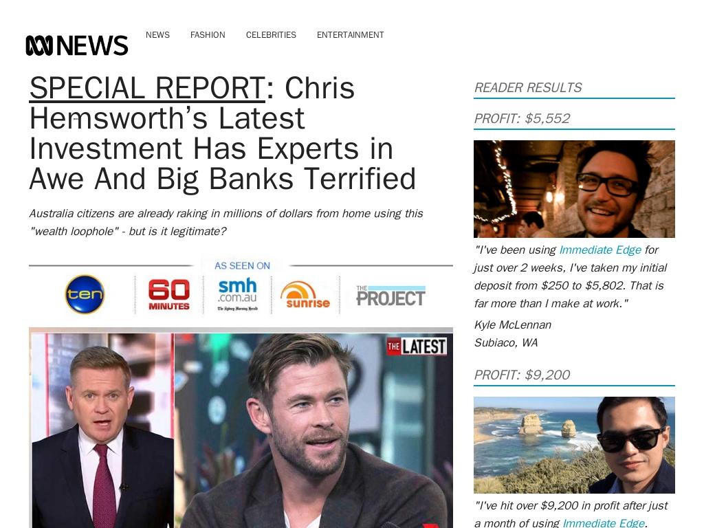 The Australian Securities and Investments Commission has been shutting down 20 scam websites a day, including this fake page. ABC News – Chris Hemsworth – Immediate Edge