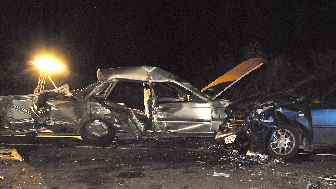 The devastating scene of the 2009 triple fatality accident on the New England Highway south of Highfields (15km north of Toowoomba). Seven teenage boys were in the Ford Fairlane, including two in the boot. Picture: David Martinelli