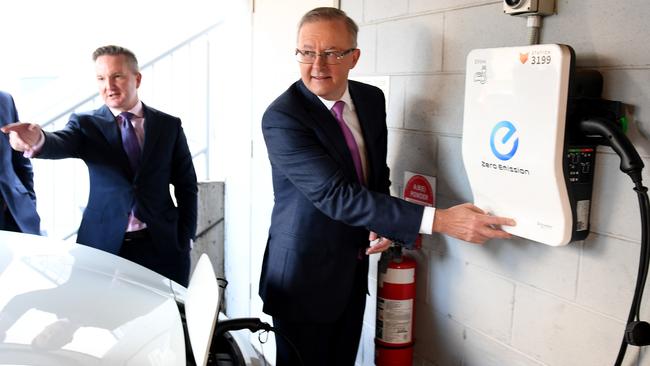 Anthony Albanese and Chris Bowen get ready to test drive an electric car. Picture: NCA NewsWire/Jeremy Piper