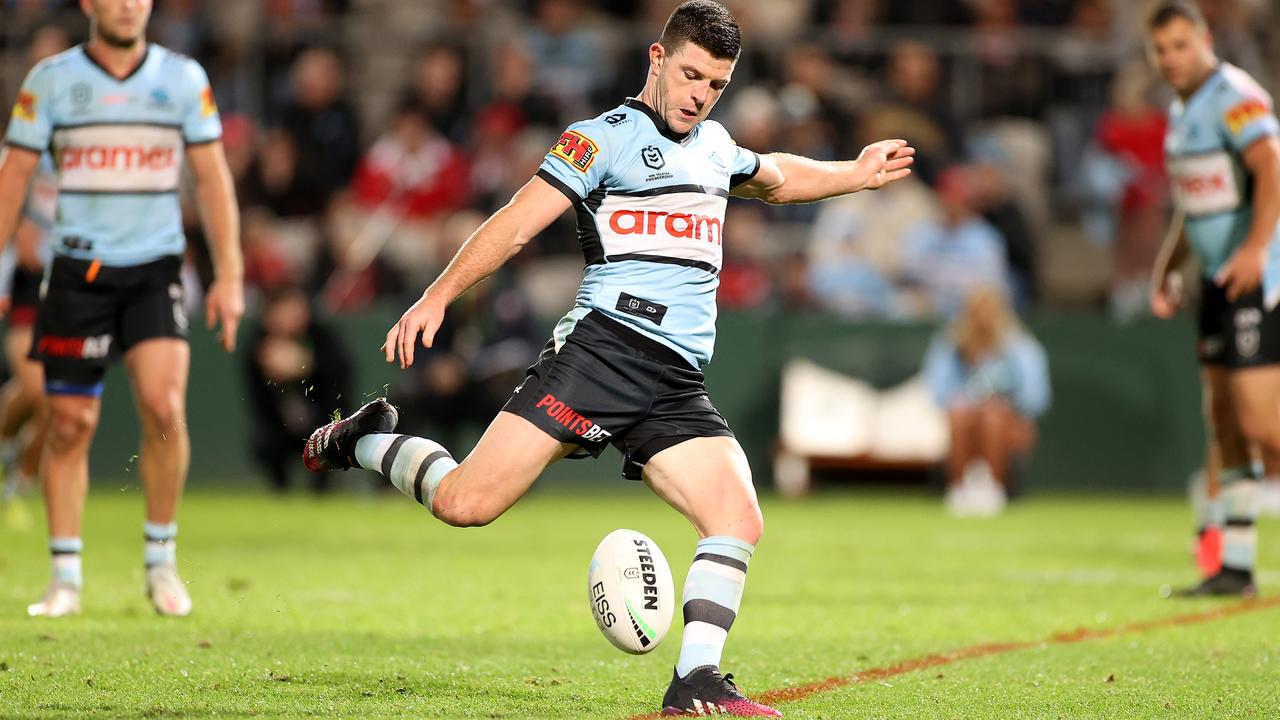 Chad Townsend kicked the winning field goal for the Sharks in golden point. Picture: Mark Kolbe/Getty Images