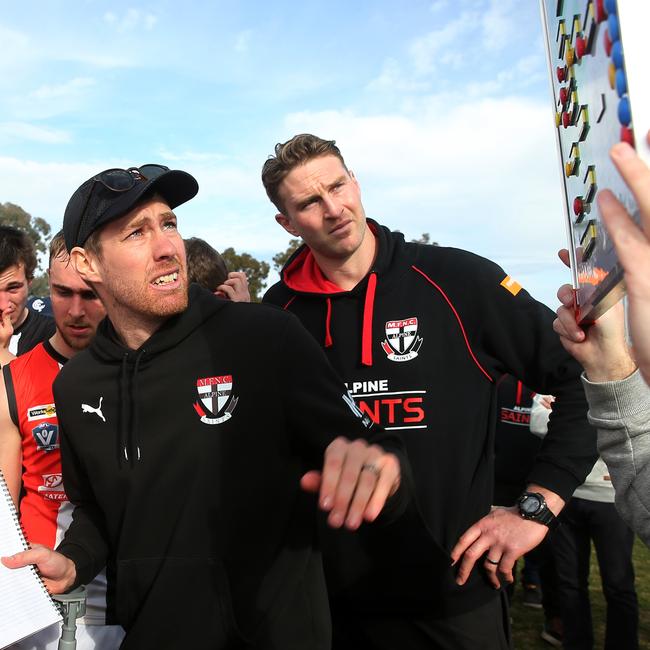 Former Myrtleford co-coaches Jake Sharp, left, and Dawson Simpson. Picture: Yuri Kouzmin