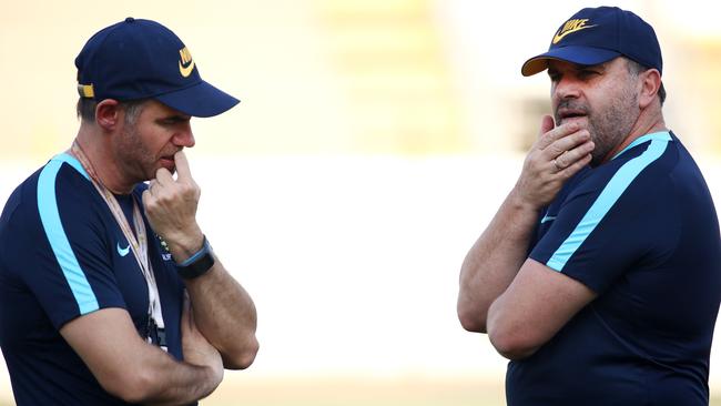 Ange Postecoglou (right) with assistant Ante Milicic. Picture: George Salpigtidis