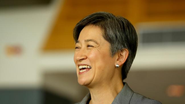 Shadow Minister for Foreign Affairs, Senator Penny Wong speaks during a press conference at Sydney Airport in Sydney, Sunday, April 15, 2018. (AAP Image/Jeremy Ng) NO ARCHIVING