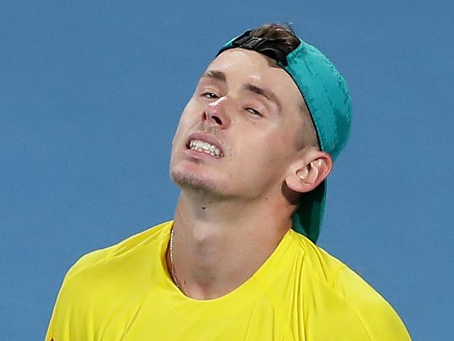 SYDNEY, AUSTRALIA - JANUARY 11: Alex de Minaur of Australia reacts after losing a point during his semi-final singles match against Rafael Nadal of Spain during day nine of the 2020 ATP Cup at Ken Rosewall Arena on January 11, 2020 in Sydney, Australia. (Photo by Matt King/Getty Images)