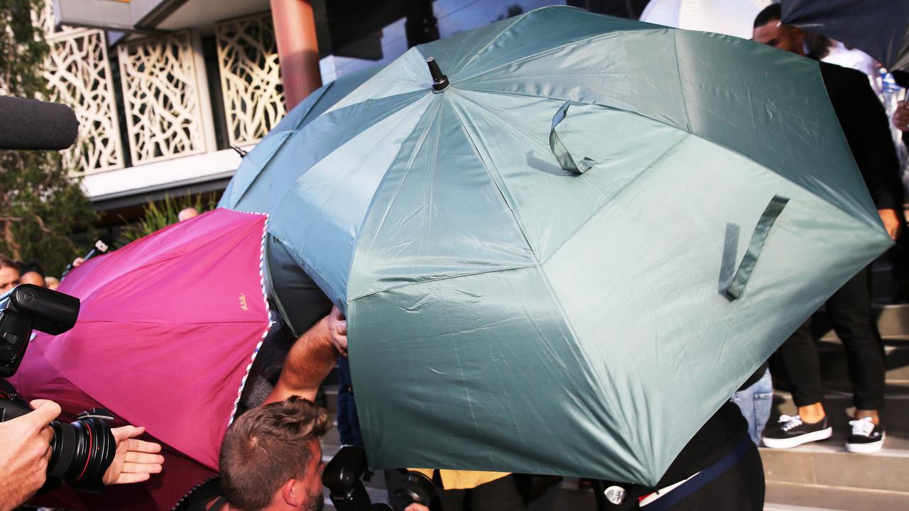 Jarryd Hayne supporters clash with the media out the front of Newcastle Court after he was sentenced to 3 years 8 months. Picture: NCA NewsWire / Peter Lorimer.