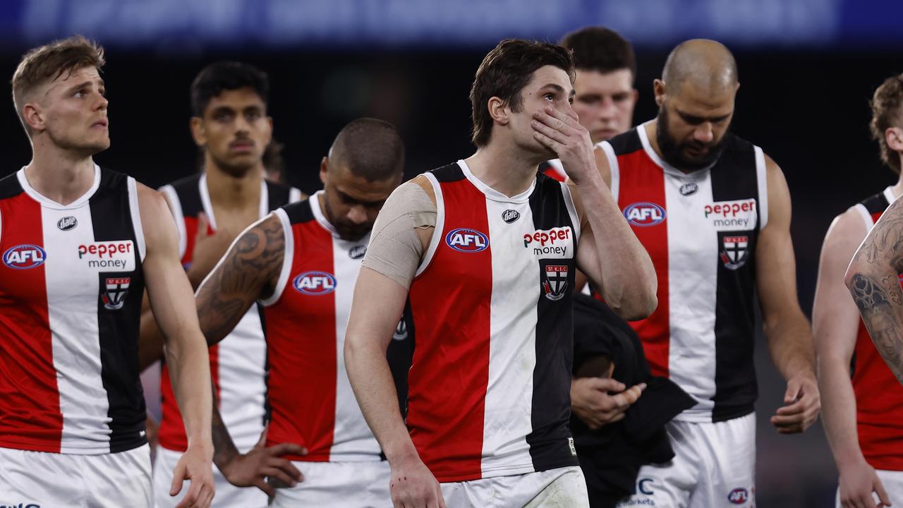 Dejected St Kilda players after last week’s loss to the Western Bulldogs (Photo by Darrian Traynor/Getty Images)