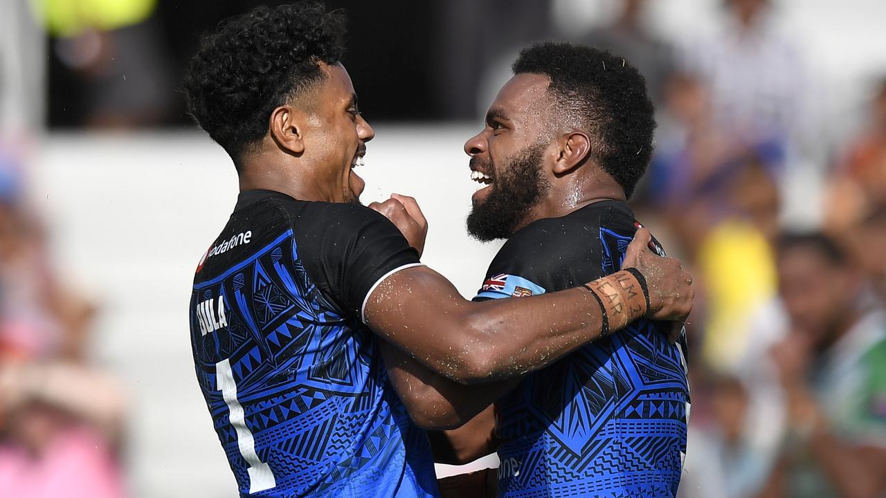 Jahream Bula scores for Fiji. Picture: NRL Photos