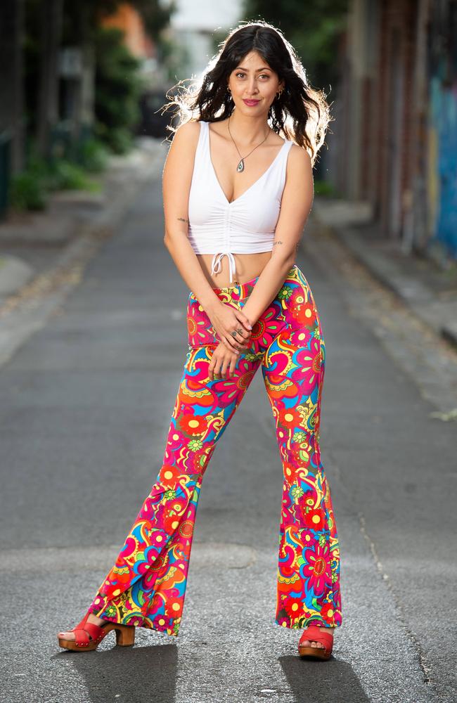 Lareyna Lucy Sotelo models a pair of flares for fashion label Flare Street. Picture: Jay Town