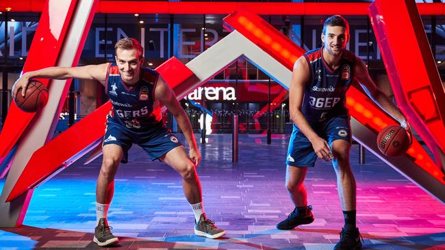 Sixers Anthony Drmic and Jack McVeigh at the Entertainment Centre in Hindmarsh, where the team will play their home games this season. Picture: Matt Loxton