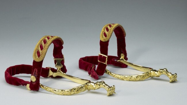 The gold, leather and velvet spurs symbolise knighthood, and they were altered in 1820 for King George IV.