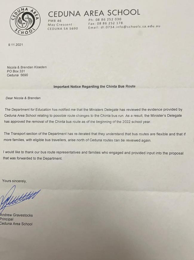 Parents received a letter from Ceduna Area School principal informing them the Chinta bus service was cancelled for 2022. Picture: Brendan Kloeden