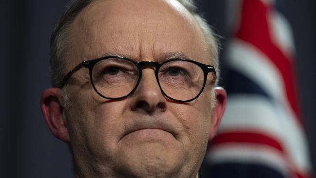 A visibly upset Anthony Albanese addressed Australia after the results were called. Picture: NCA NewsWire / Martin Ollman