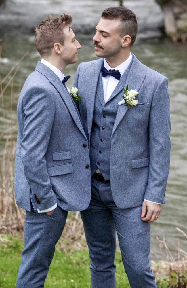 Australian diver Matthew Mitcham and partner Luke Rutherford at their wedding in Europe. Picture: Supplied