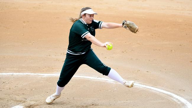 A North Shore player pitches during the 2018 under-19 women’s state softball championships at Blacktown International Sportspark. Pictures: Joel Carrett