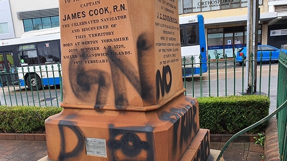 A Captain Cook statue in Sydney's Randwick defaced amid the Black Lives Matter Movement. Picture: 2GB