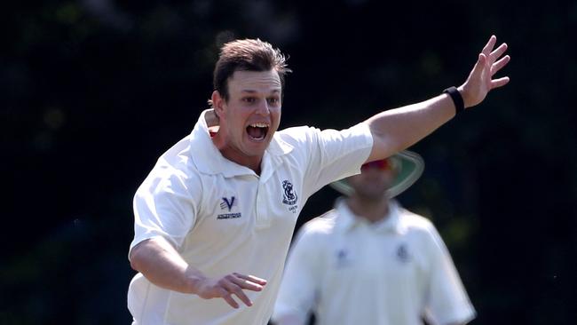 Evan Gulbis appeals for an lbw during the Premier Cricket quarter final between Carlton and Dandenong in March, 2019.