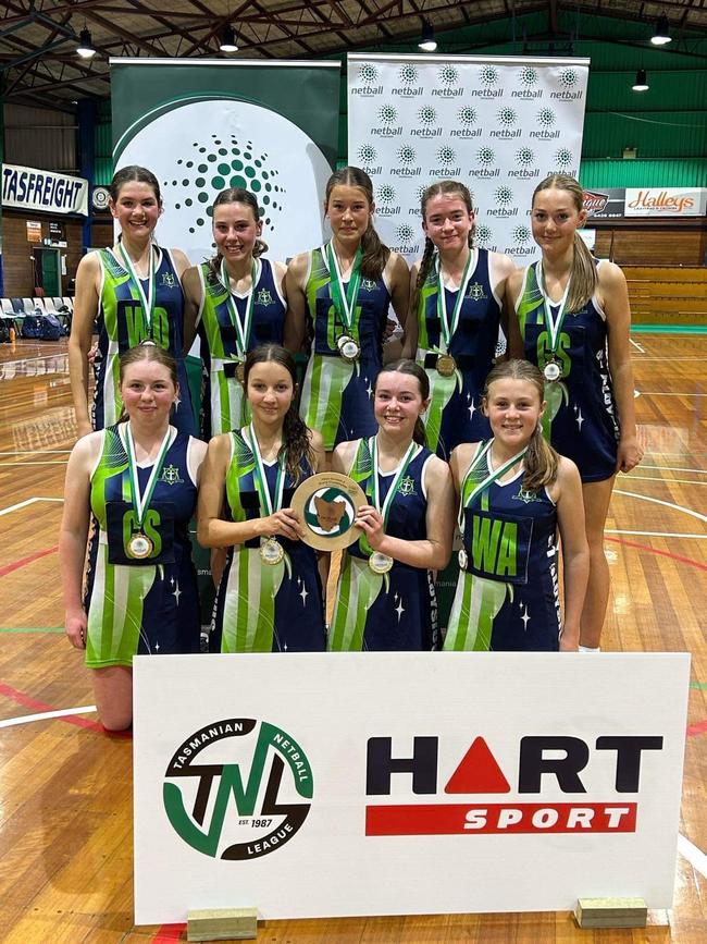 Students from St Aloysius Catholic College celebrate winning the 2023 Tasmanian High Schools Netball Championships. They will now compete at the Waverly International Schools Netball Championships. Picture: Supplied.